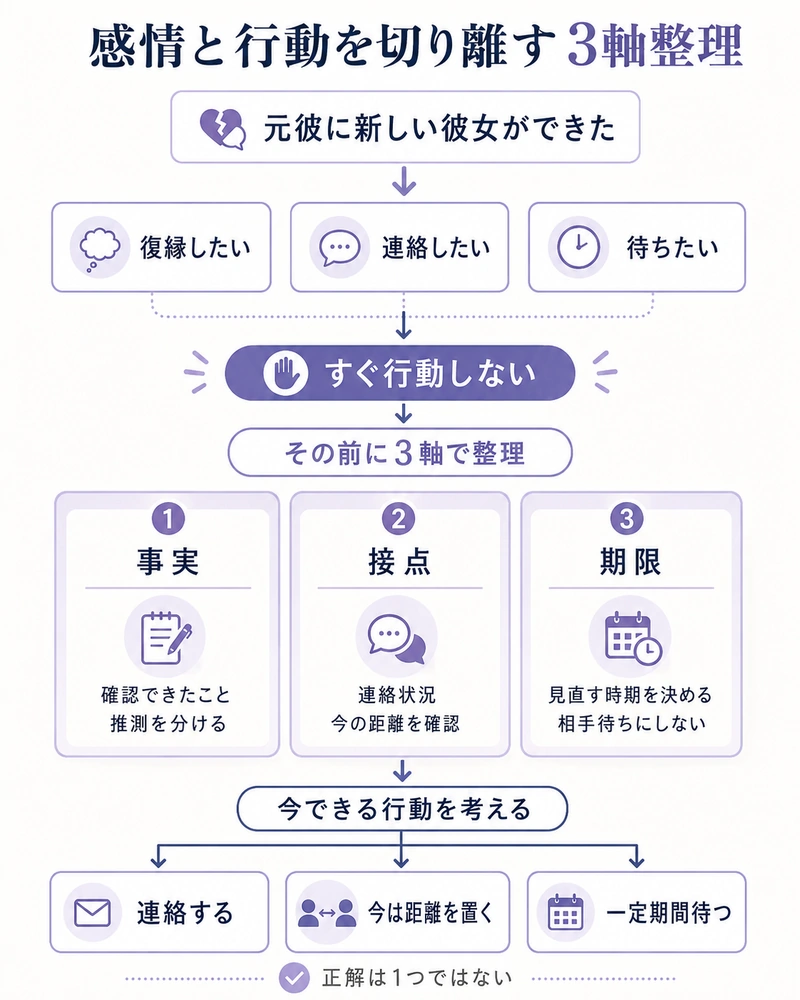 元彼に新しい彼女ができたとき復縁したい気持ちと行動を切り離し事実・接点・期限の3軸で整理して次の行動を考えるフロー図