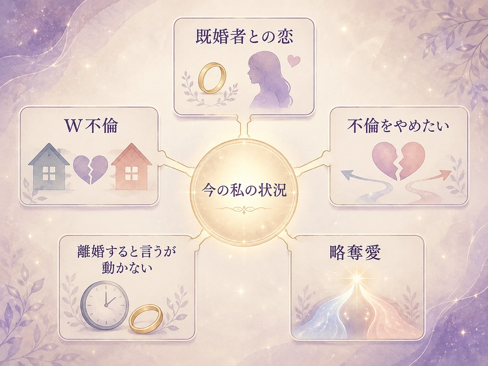 不倫の悩みを自分の立場や関係の段階から既婚者との恋やW不倫など5つのケースに整理した図解