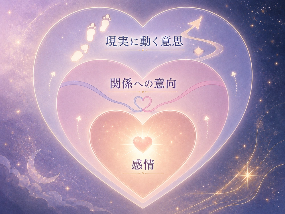 不倫相手の本音を感情・関係への意向・現実に動く意思の3つに分けて整理する図解