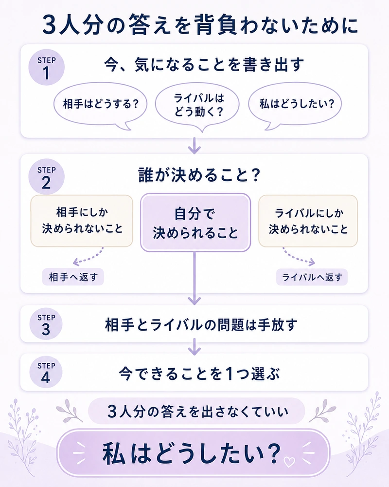 三角関係で相手やライバルの問題を切り分けて3人分の答えを背負わず自分で選べる行動へ視点を戻す手順図