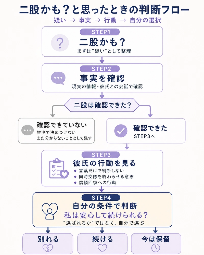 彼氏の二股を疑ったときに疑い・事実確認・彼氏の行動を分け、別れるか続けるかを自分で判断するまでの流れを示した図解