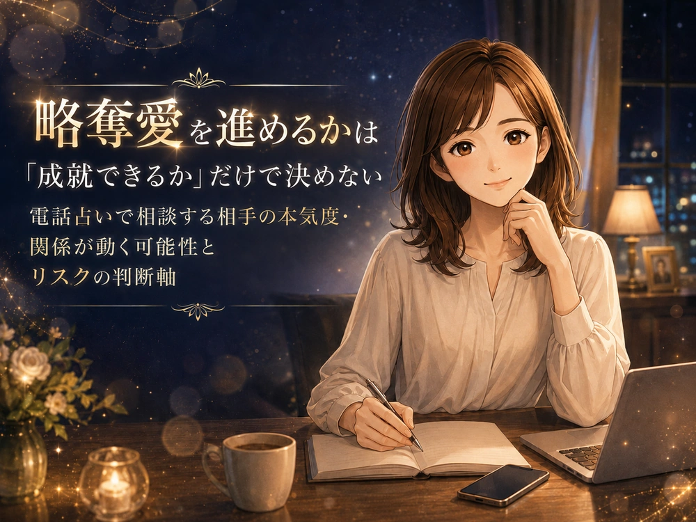 略奪愛を進めるか迷う女性が相手の本気度や関係が動く可能性とリスクを電話占いで整理する様子を表した早川かなえのアイキャッチ画像