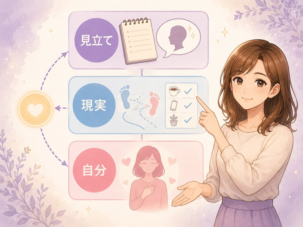 運命の人の見分け方を電話占いの見立て・現実の出来事・自分の気持ちの3つで整理する早川かなえの図解