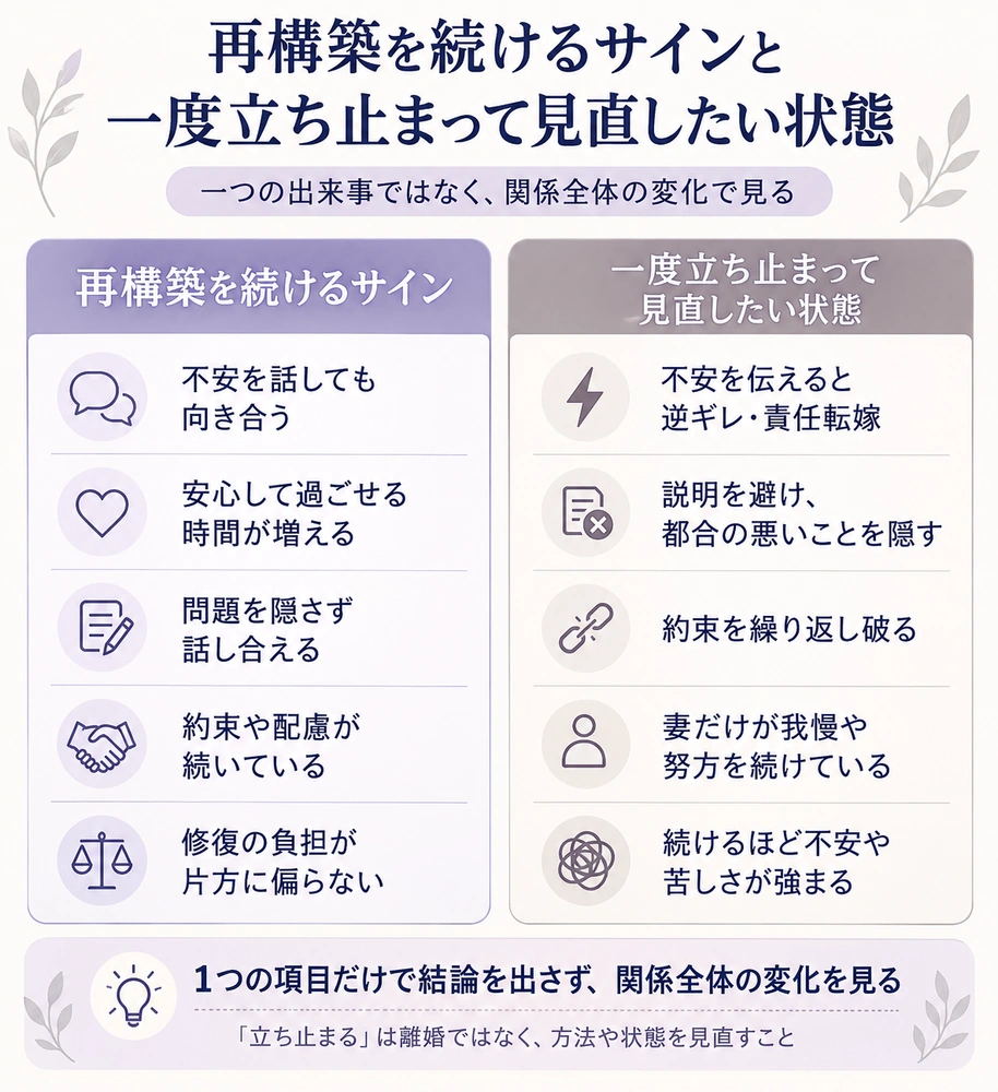 不倫後の再構築を続けるサインと一度立ち止まって見直したい状態の違いを比較した図解