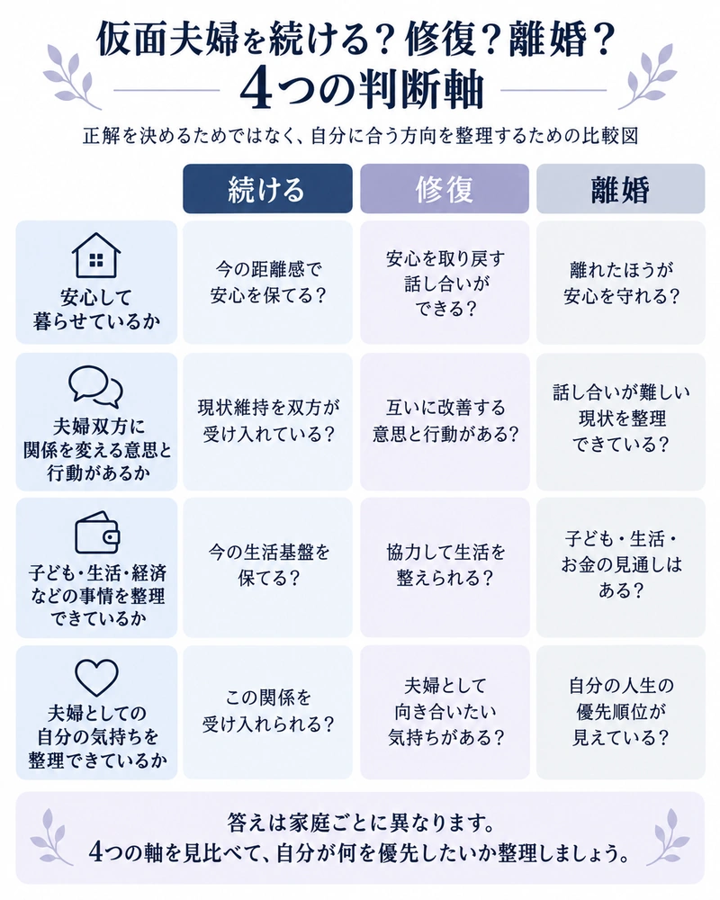 仮面夫婦を続けるか修復・離婚するか迷ったときに4つの判断軸で選択肢を比較整理する図解