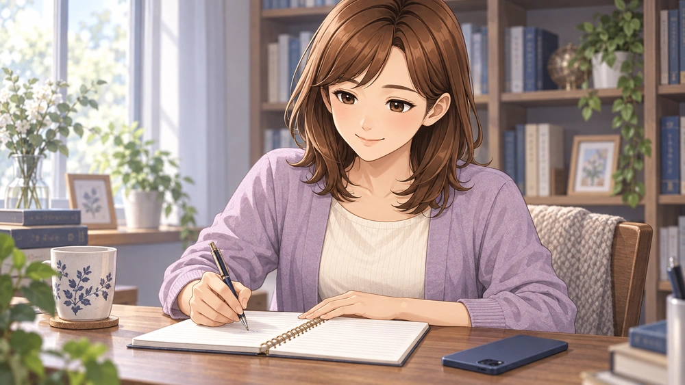 夫への気持ちや望む結婚生活について相談する質問をノートにまとめる早川かなえ