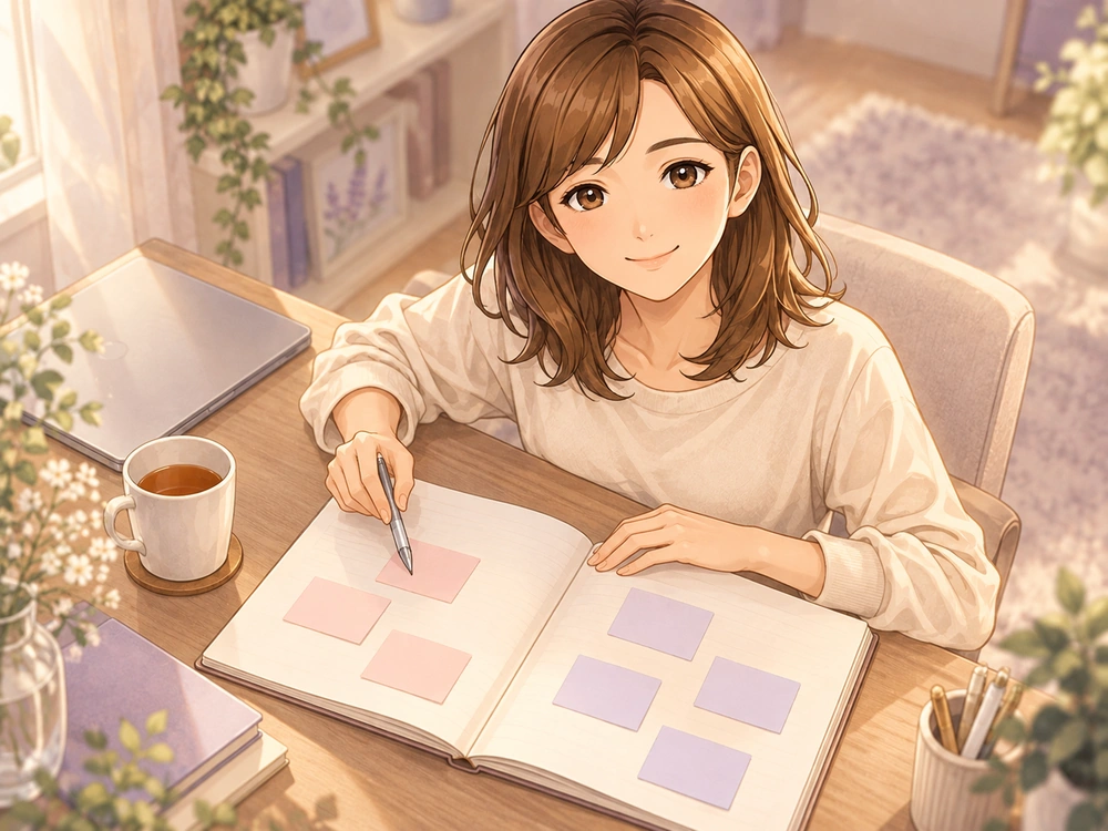 ノートの左右に付箋を分け、夫の言動という事実と自分の推測を整理する早川かなえ。
