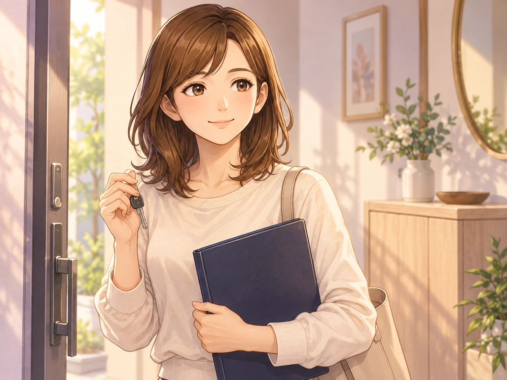 資料と家の鍵を手に、離婚を考える際の住まいや生活の条件を確認する早川かなえ。