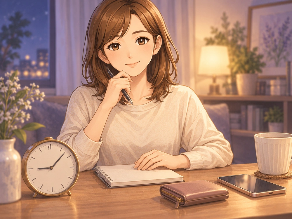 時計と財布を確認し、電話占いの相談時間と予算をあらかじめ決める早川かなえ。