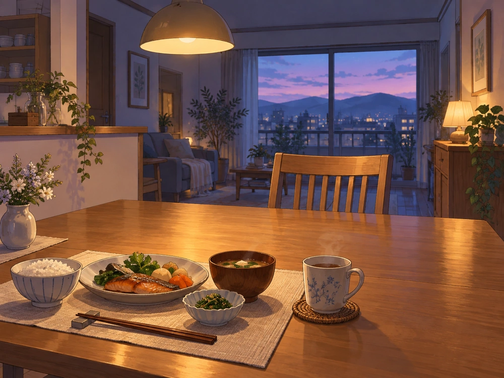 一人分の食卓と向かいの空席で、離婚後に日常の変化から生まれる寂しさを表したイラスト。