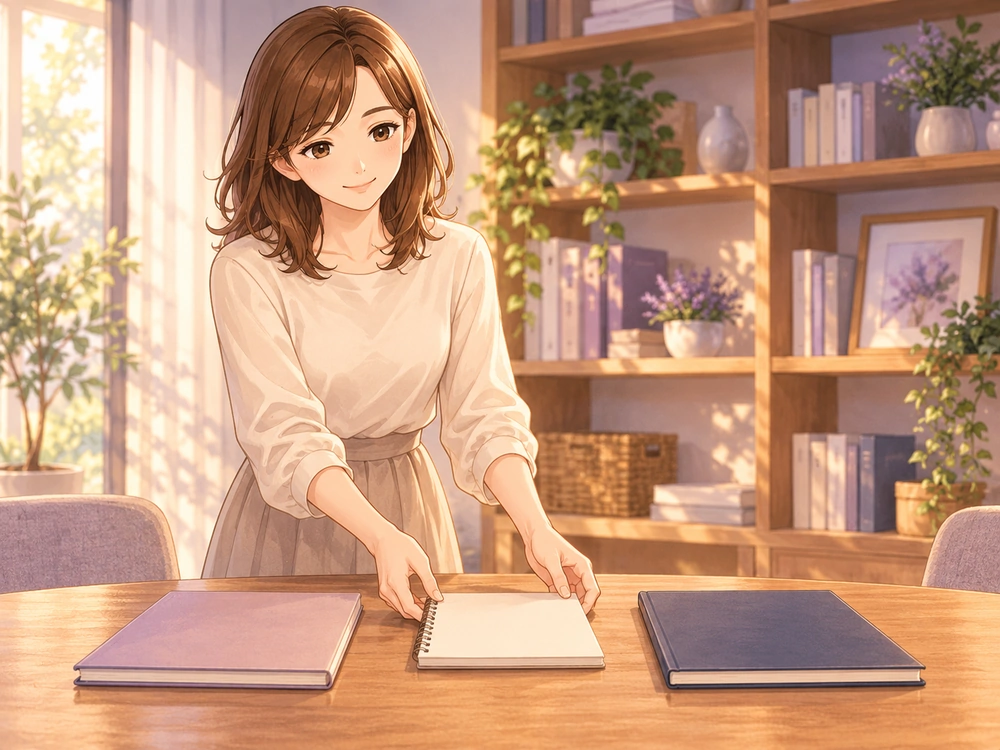 子どもの意思を中心に置いて教育方針を話し合うため、ノートを並べる早川かなえ
