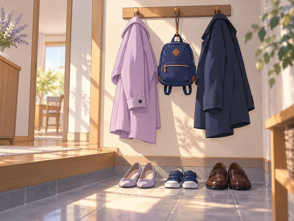 異なる大人の上着と子どもの通学かばんが並ぶ、夫婦の教育観の背景を考える玄関の情景