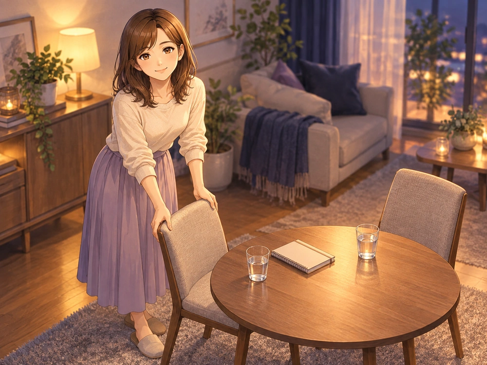 夫婦で落ち着いて教育方針を話し合う準備として、椅子を整える早川かなえ