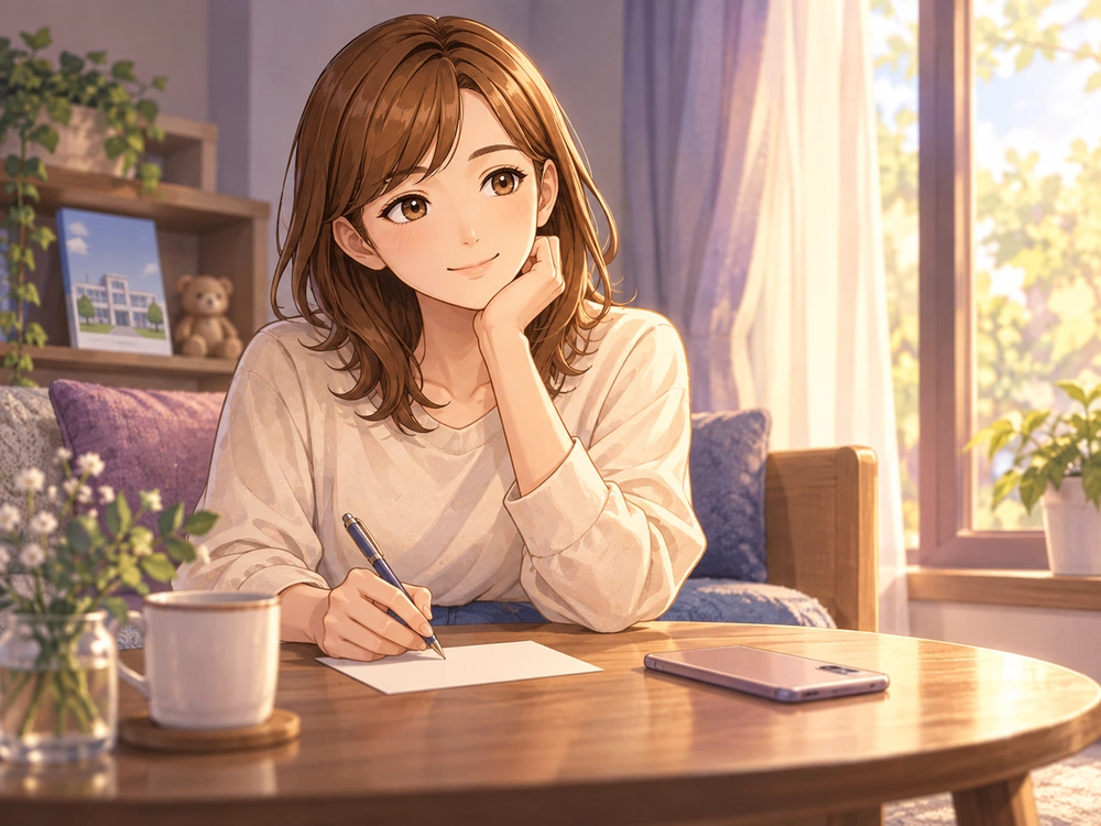 電話占いを進路の答えではなく話し合い前の気持ち整理に使い、メモを取る早川かなえ