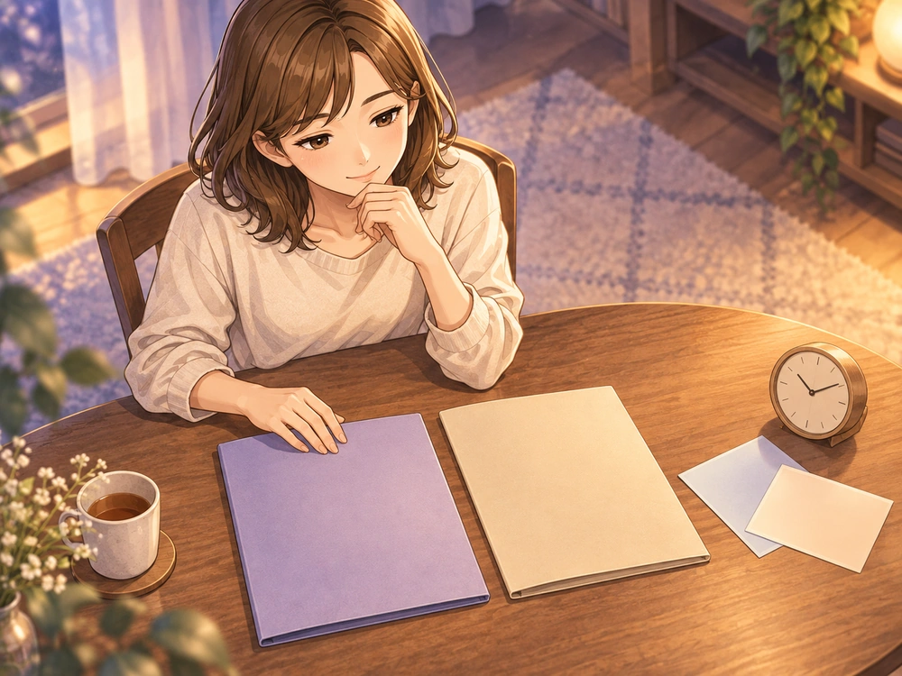 早川かなえが二つの資料を並べ、夫婦を続ける未来と再出発する未来を同じ目線で考える様子