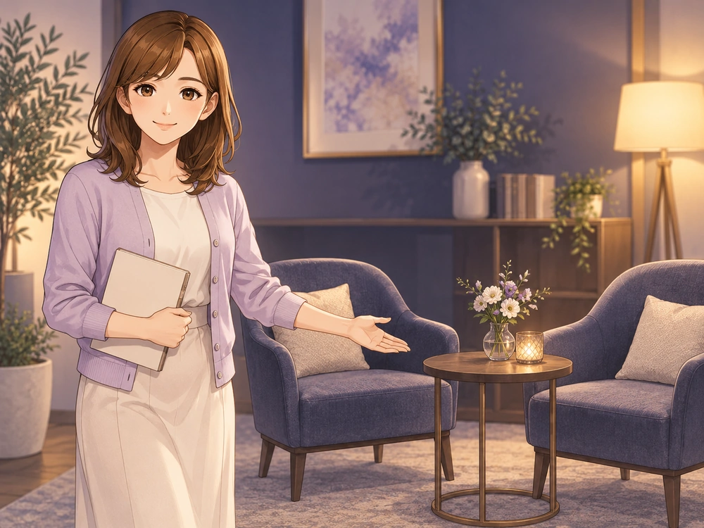 修復には夫婦双方の対話の意思が必要だと伝え、二脚の椅子へ案内する早川かなえ