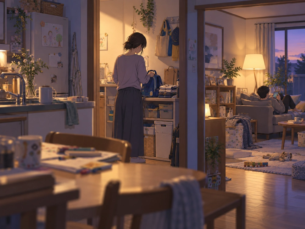 夕方の家庭で子どもの持ち物を整える母親と、育児負担が偏る孤独感