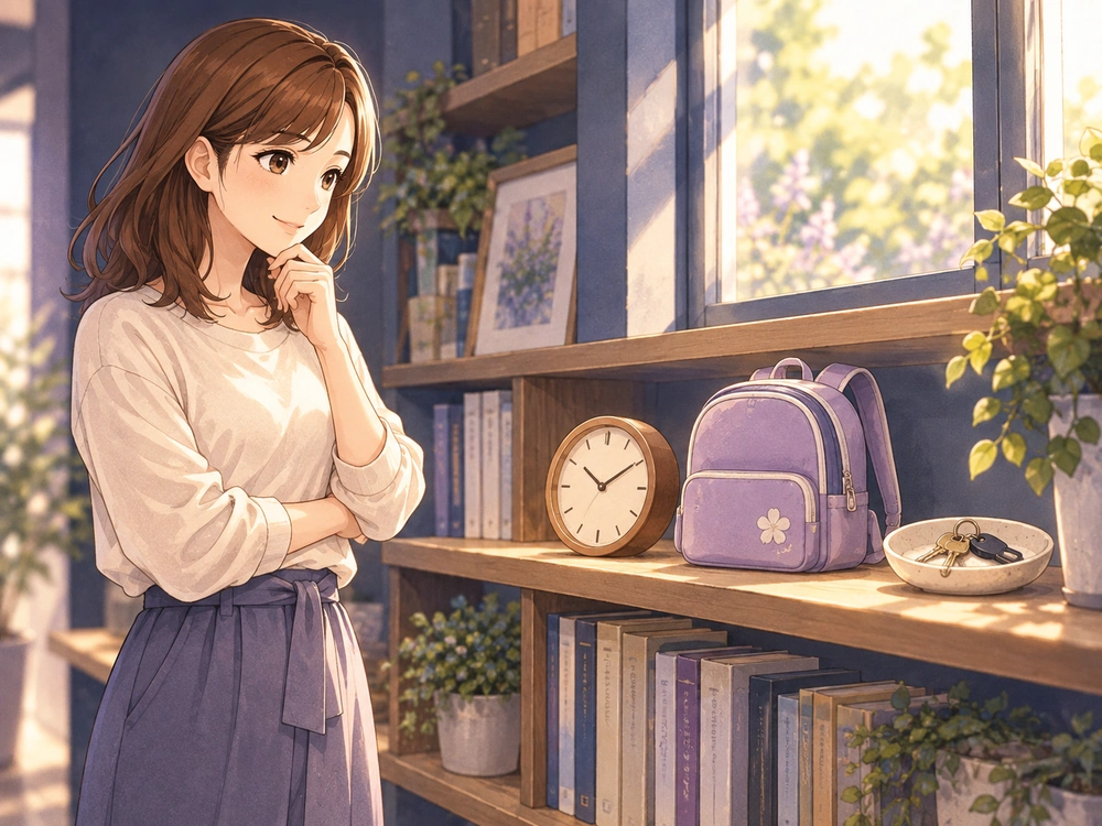 時計や子どもの持ち物を見ながら育児への関わり方の背景を考える早川かなえ