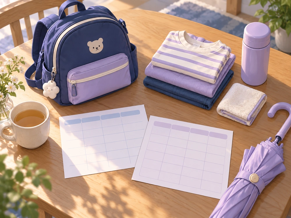 子どもの持ち物と予定表を並べ、予定外の日の育児分担に備える場面