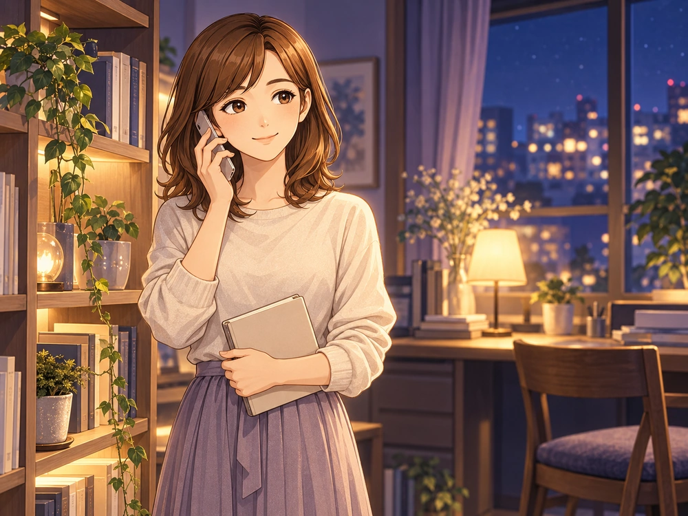 電話で相談しながら自分の希望と夫婦の話し合いを整理する早川かなえ