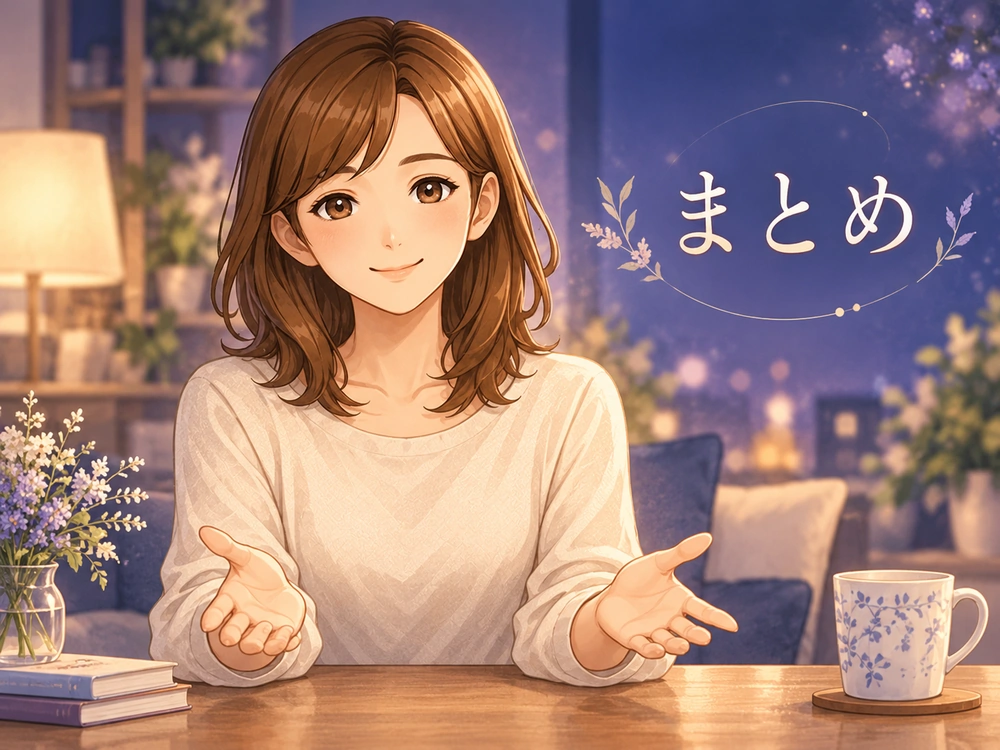 「まとめ」の文字とともに、育児分担を少しずつ見直す読者へ穏やかに語りかける早川かなえ