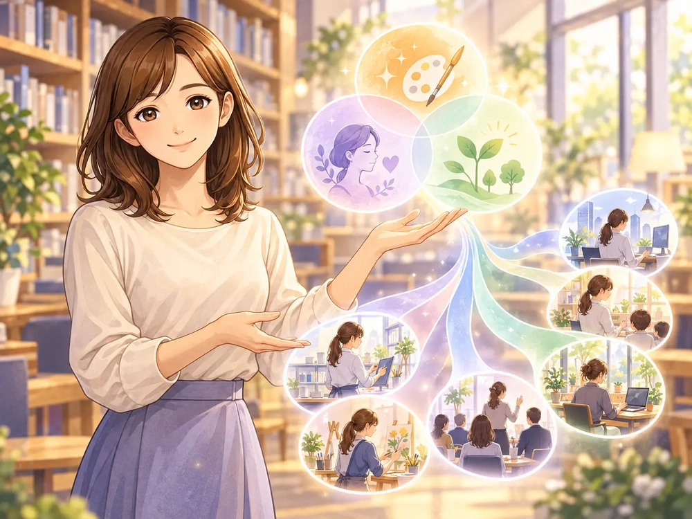 早川かなえが強み・性格・働き方を重ねて複数の仕事の可能性を考えるイラスト