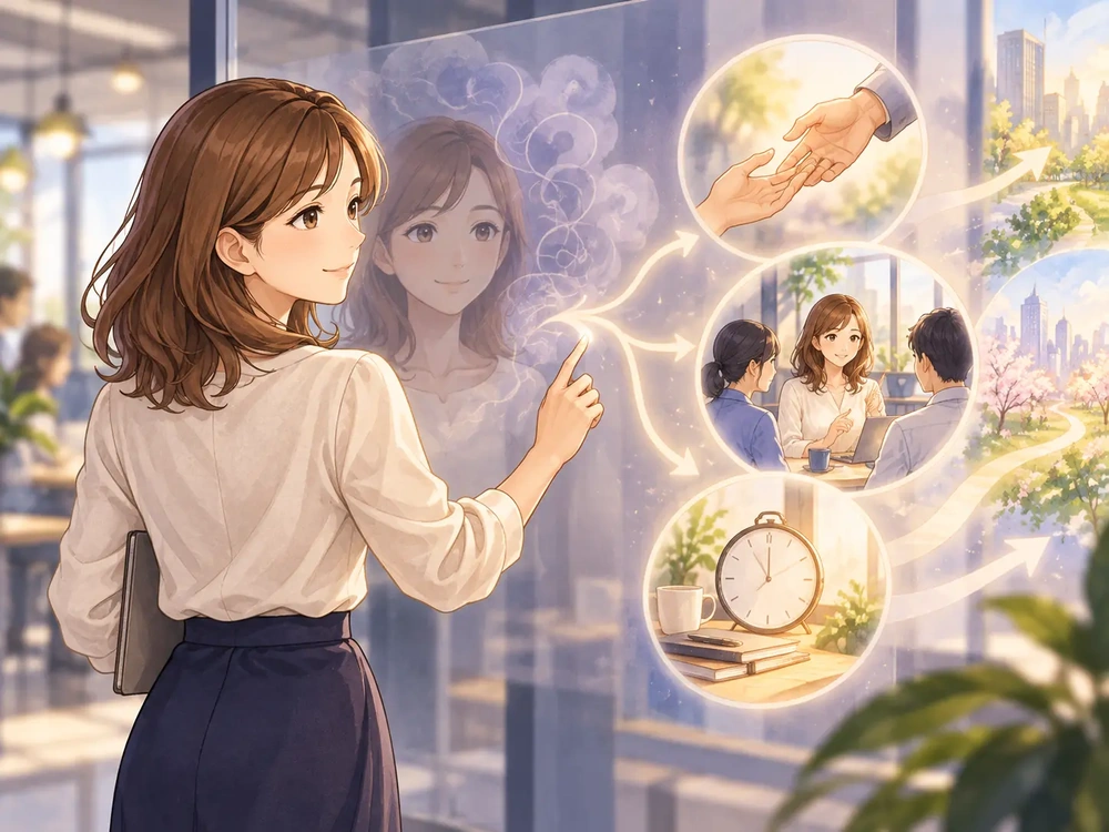 早川かなえが鑑定結果を役割・環境・条件に置き換えて仕事選びにつなげるイラスト