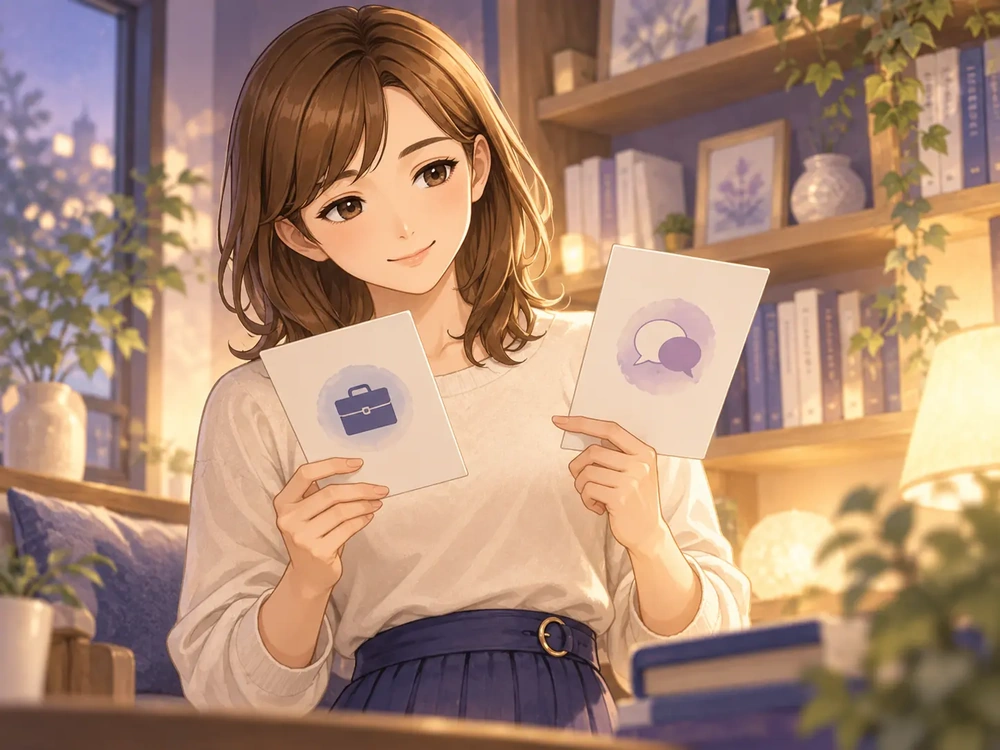 早川かなえが電話占い師の仕事相談の得意分野と説明の仕方を見比べるイラスト