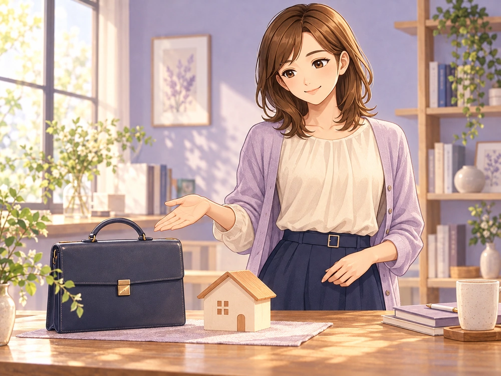 早川かなえが仕事を表すかばんと家の模型を並べ、転勤の条件と家族の暮らしを比較する。