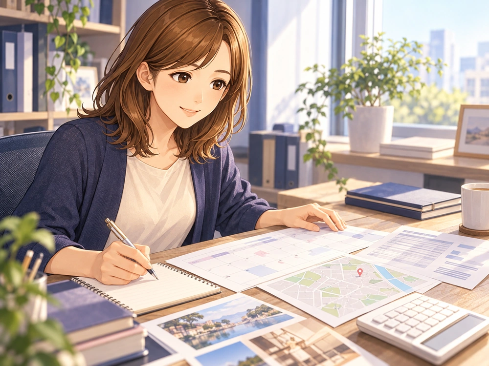 早川かなえが地図や予定表、費用の資料を見ながら、会社に確認したい転勤条件を整理する。