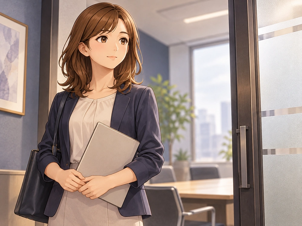 早川かなえが資料を持ち、転勤を断りたい家庭事情と会社に確認する条件を整理して話し合いに備える。