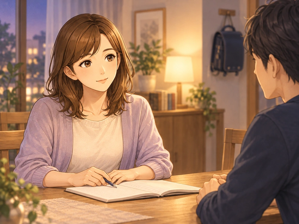早川かなえが配偶者とノートを囲み、転勤について互いの希望や心配を落ち着いて話し合う。