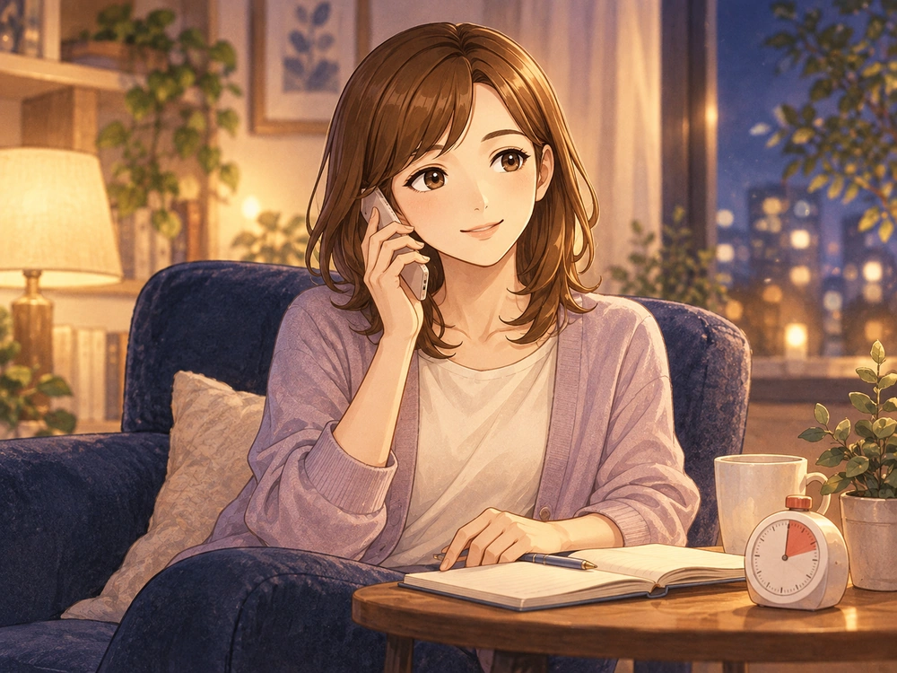 早川かなえが時間を意識しながら電話で相談し、転勤をめぐる仕事と家族への思いを整理する。