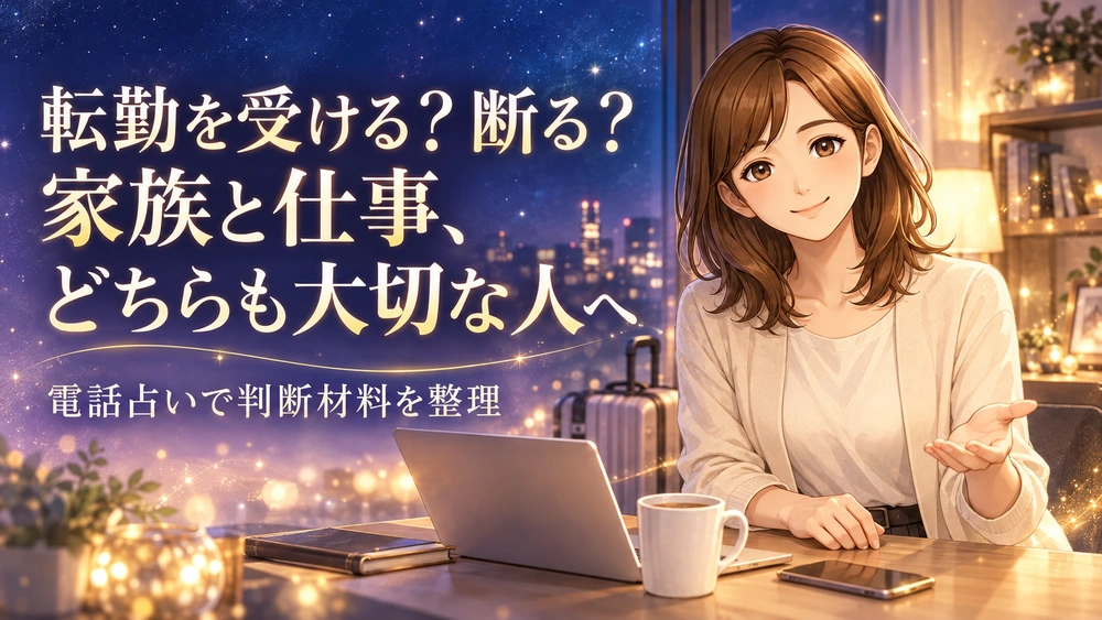 転勤を受けるか断るか、家族と仕事の両立に悩む人へ寄り添い、電話占いで判断材料を整理する早川かなえのイメージ