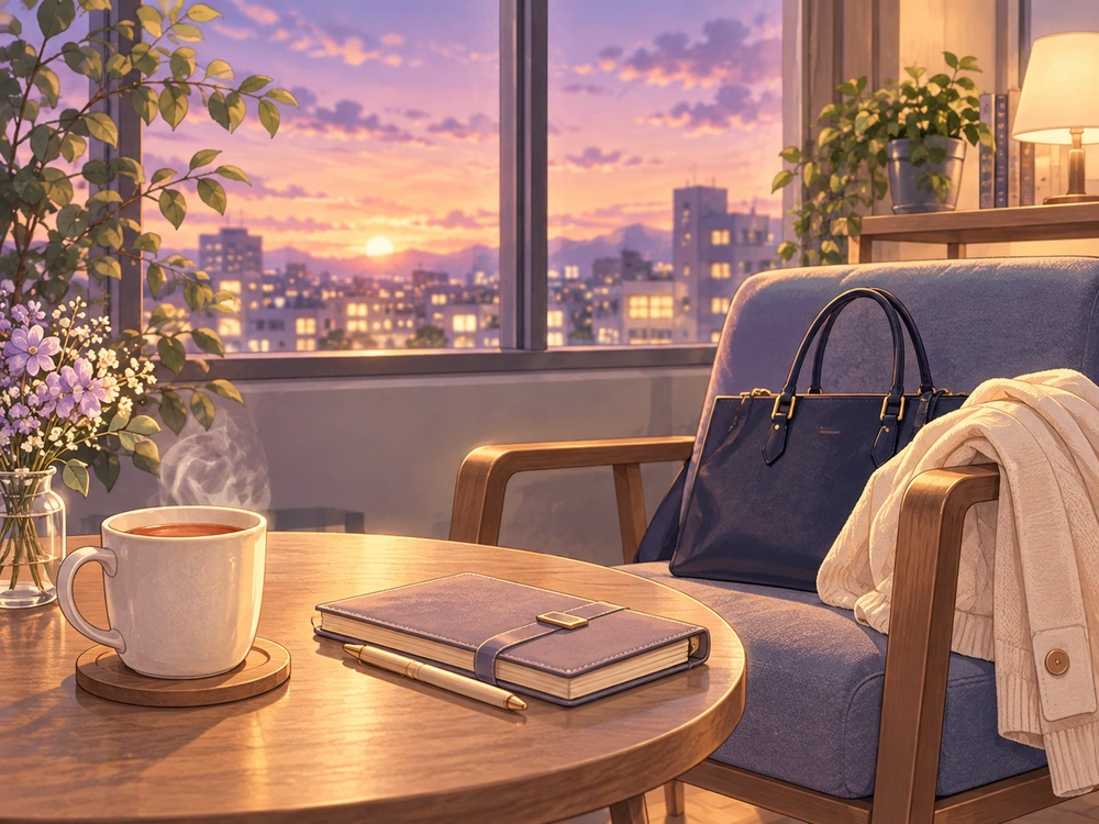 昇進への期待と生活への不安を見つめる静かな時間を表した、仕事バッグと手帳のある夕暮れの情景。