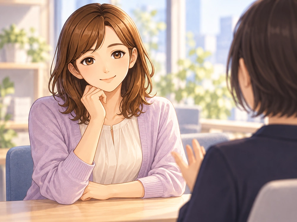 同僚の話に耳を傾ける早川かなえを通して、管理職にも役立つ傾聴と人を支える力を表したイラスト。