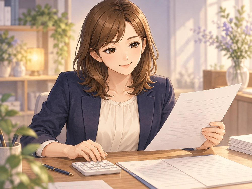 資料と計算機で昇進後の給与や勤務条件を確認し、増える責任との釣り合いを考える早川かなえ。