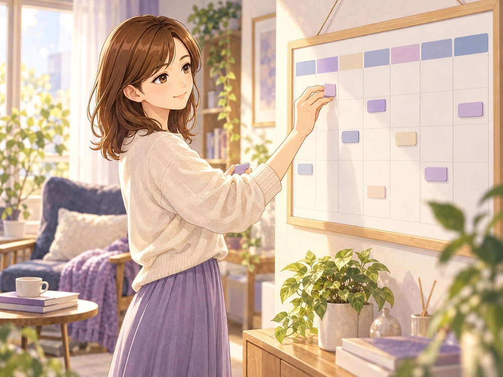 週間プランナーに予定を置き、昇進後の仕事と生活時間のバランスを考える早川かなえ。