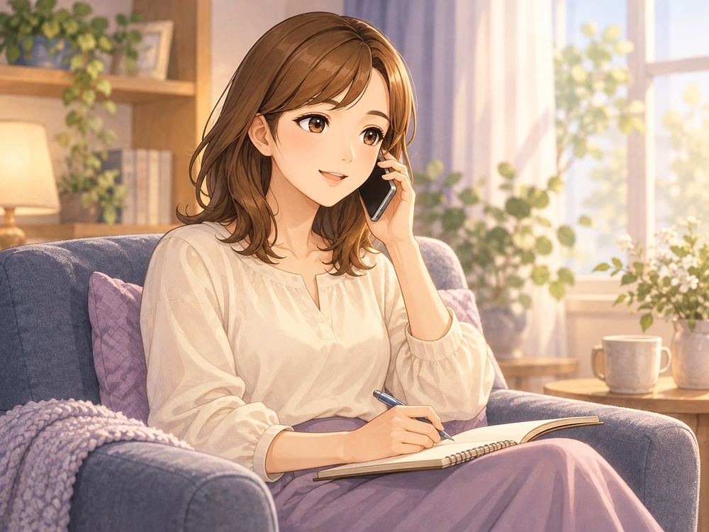 電話で昇進への不安を言葉にし、気づきをメモしながら自分の考えを整理する早川かなえ。