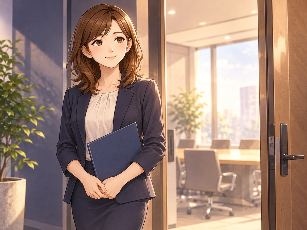面談室の入口で資料を持ち、昇進への返事と希望する働き方を落ち着いて伝える準備をする早川かなえ。