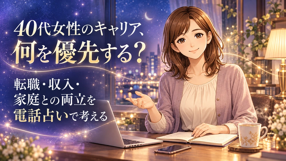 40代女性の転職・収入・家庭との両立について、キャリアの優先順位を電話占いで考える様子を案内する早川かなえのイメージ画像