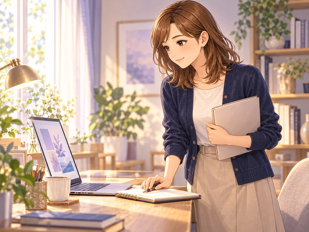 仕事の資料とパソコンを見ながら、自分で仕事を進める役割と適性を考える早川かなえ