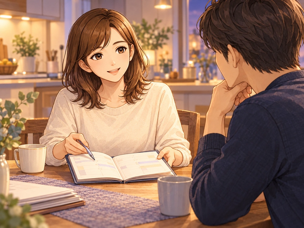 予定帳を見ながら家族と話し合い、独立後の仕事時間と暮らしの準備を整える早川かなえ