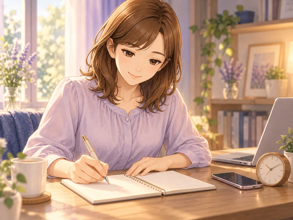 相談内容をノートにまとめ、電話占いの時間と予算を事前に確認する早川かなえ