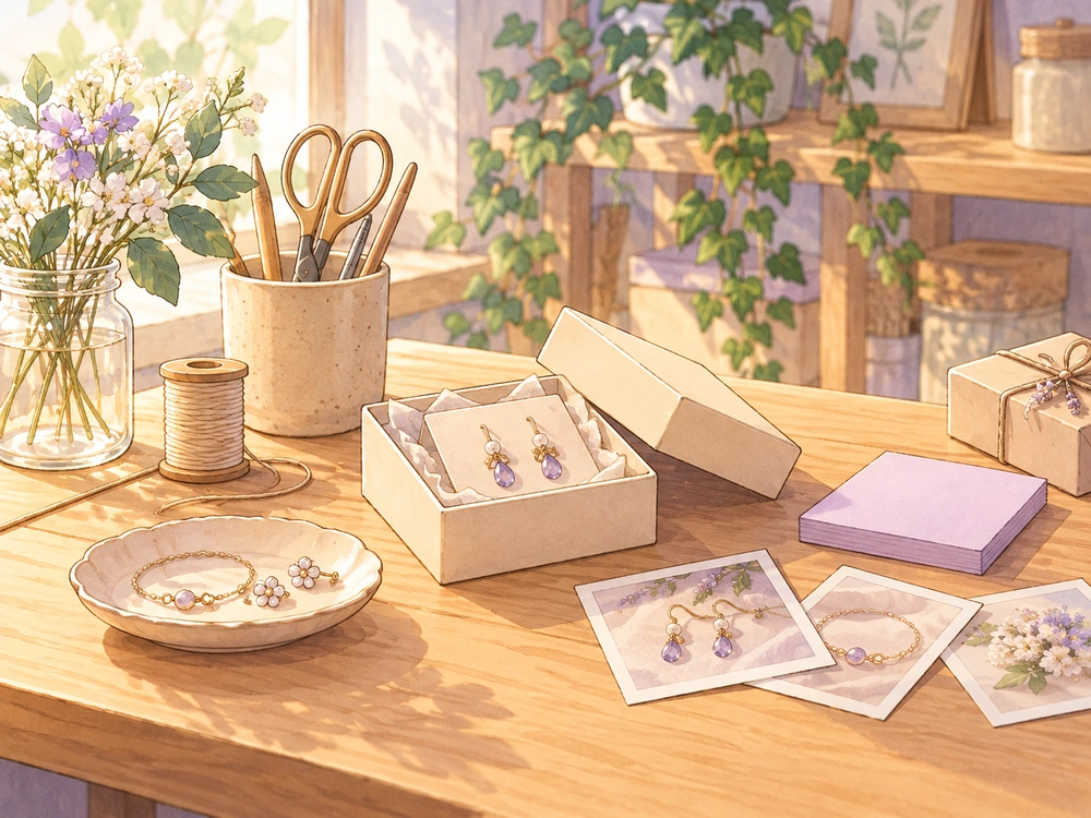 誰に何を届けるかを考えるために並べたアクセサリーの試作品とギフト箱