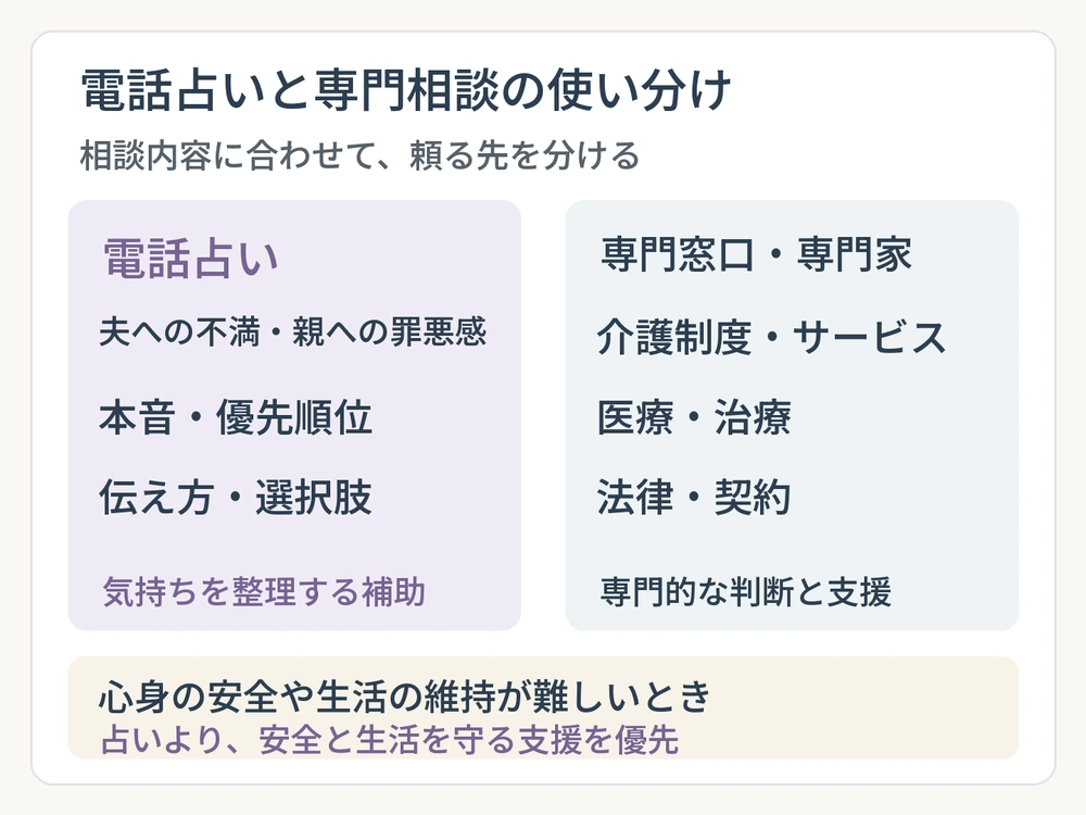 電話占いで整理する気持ちや選択肢と、専門窓口へ相談する介護制度・医療・法律の判断を比較し、安全や生活への支援を優先することを示す図解