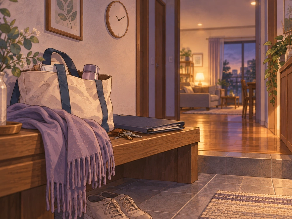 通院用のバッグが置かれた夕方の玄関で、見えにくい介護負担と夫婦のすれ違いを表したイラスト