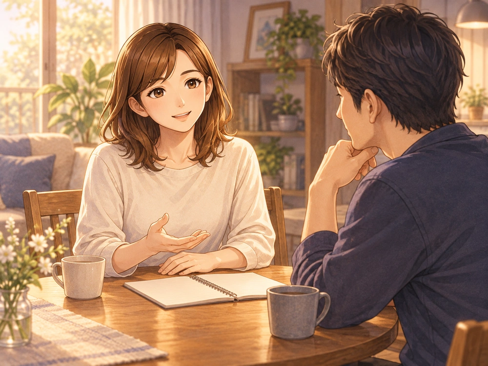 夫と事実や気持ちを共有し、続けられる介護の役割分担を話し合う早川かなえ